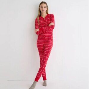 NWT! J. Crew Waffe Henley Fair Isle Red Button-Up Onesie Pajamas. Size Medium